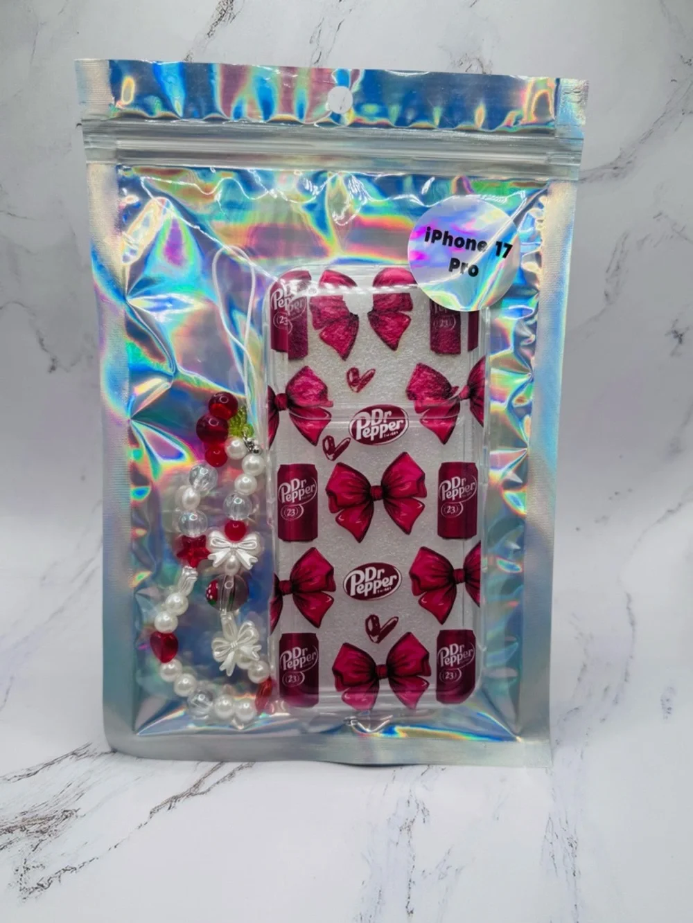 iPhone 17 Pro Dr Pepper Bow Phone Case + Beaded Cherry Bow Charm